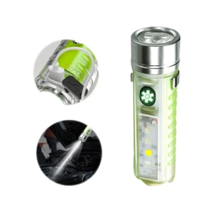 Mini linterna verde multifuncional con 6 modos, luz LED, entrada USB y detalle de uso en motor.