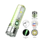 Mini linterna multipropósito verde con imán, llavero y detalles de uso.