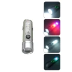 Mini linterna transparente con 6 modos de luz, incluyendo colores y blanco. Ideal para actividades.