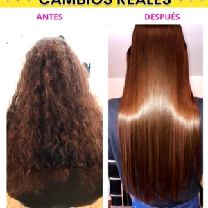 Antes y después de tratamiento capilar: cabello rizado y seco transformado a liso y brillante.