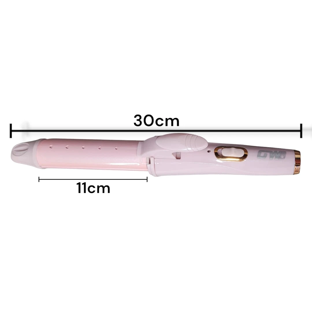 Rizador y alisador profesional rosado 2 en 1 de 30 cm de largo total, con placa térmica de 11 cm, diseño compacto, ergonómico y acabado brillante.