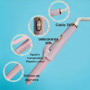Rizador y alisador 2 en 1 color rosa pastel con cable giratorio 360, botón de control, placas de 100 mm con orificios para cabello seco y húmedo.