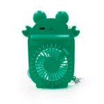 Llavero mini ventilador portátil verde en forma de rana con interruptor y puerto DC.