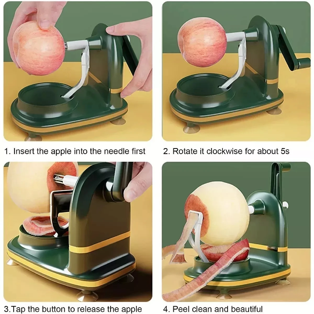 Picador de manzanas automático verde y amarillo, que pela el fruto girando la manivela.