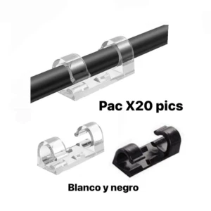 Set de 20 organizadores de cables transparentes y negros para fijar y mantener ordenados cables.