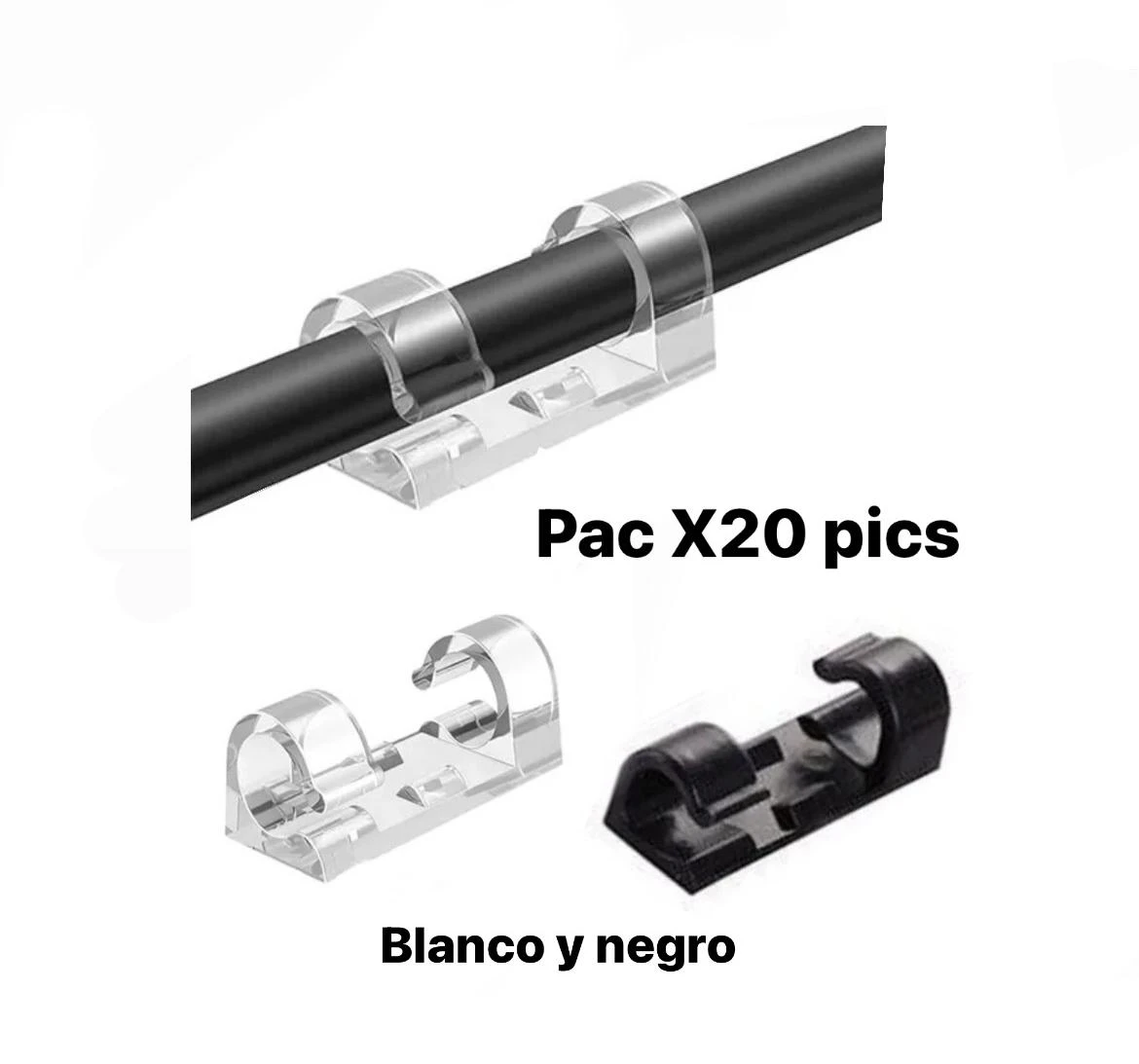 Set de 20 organizadores de cables transparentes y negros para fijar y mantener ordenados cables.