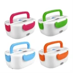 Cuatro loncheras eléctricas blancas portacomidas para carro con asas y seguros en colores fucsia, verde, azul y naranja.