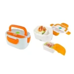 Lonchera eléctrica blanca y naranja desarmada mostrando el recipiente principal con asa, cubiertos y contenedor interno con arroz y camarones.