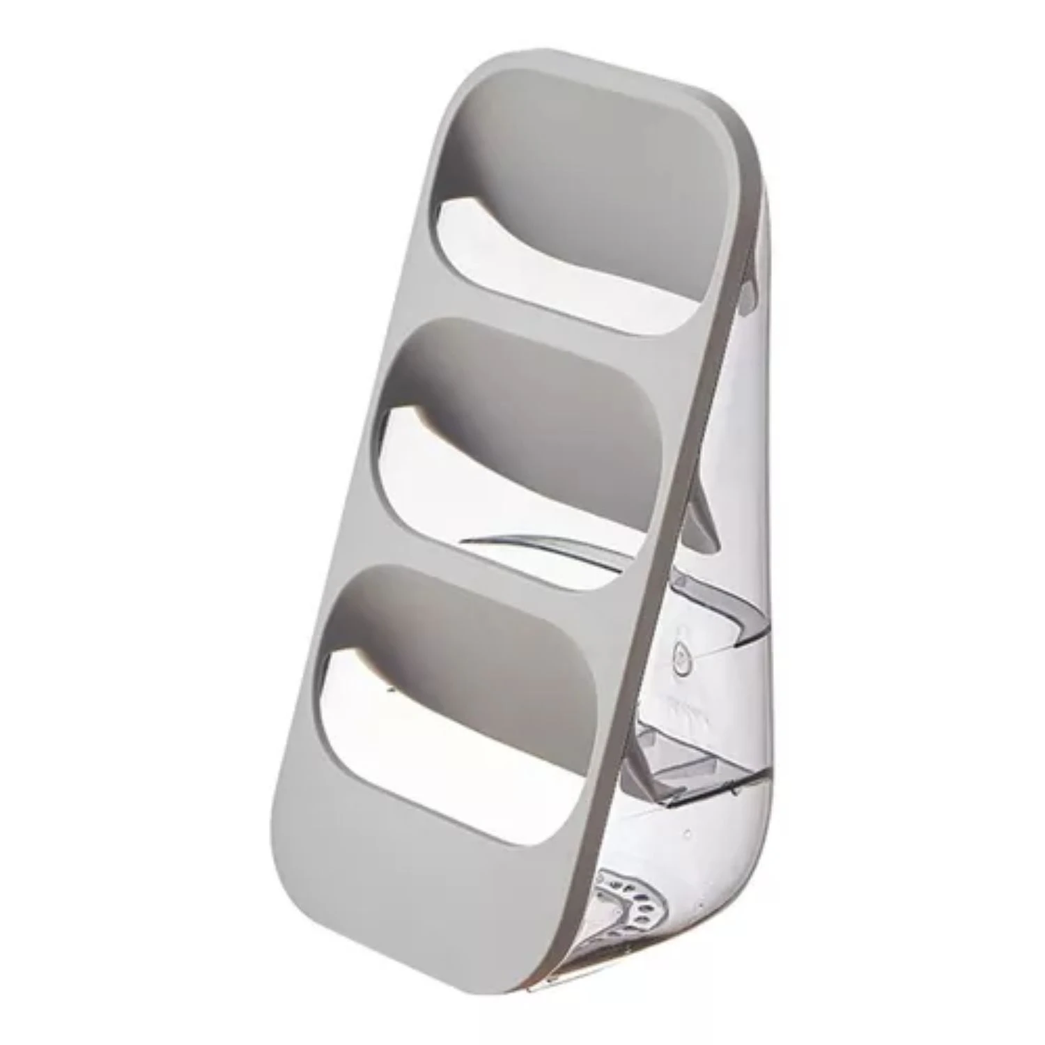 Organizador de cubiertos de plástico transparente con base gris y tres compartimentos inclinados para secado y almacenamiento vertical de utensilios.