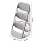 Organizador de cubiertos de tres niveles con frente gris y cuerpo transparente, medidas de 33.4 cm de alto, 13 cm de ancho y 16.1 cm de profundidad.