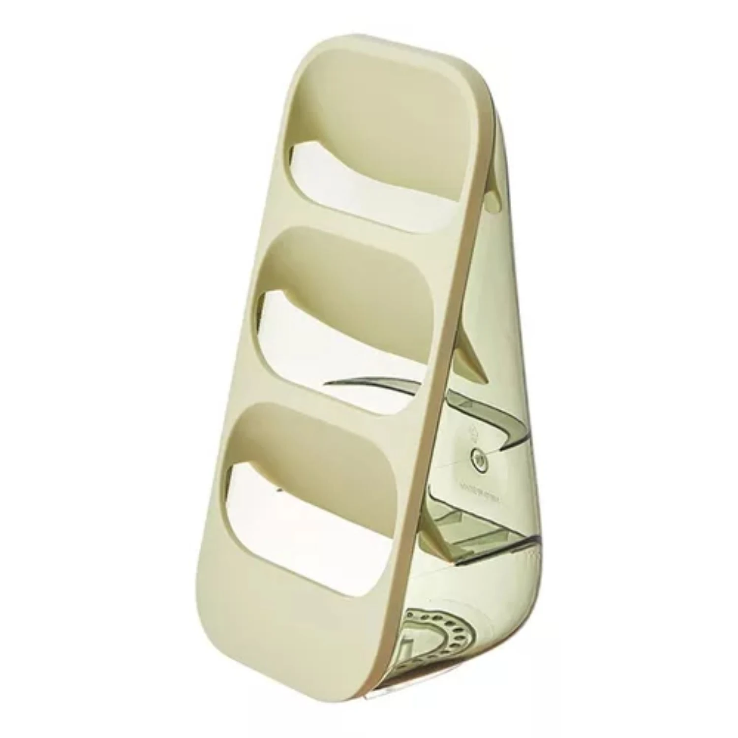 Organizador de cubiertos de diseño inclinado color crema con tres compartimentos escalonados y base transparente con drenaje para cocina.