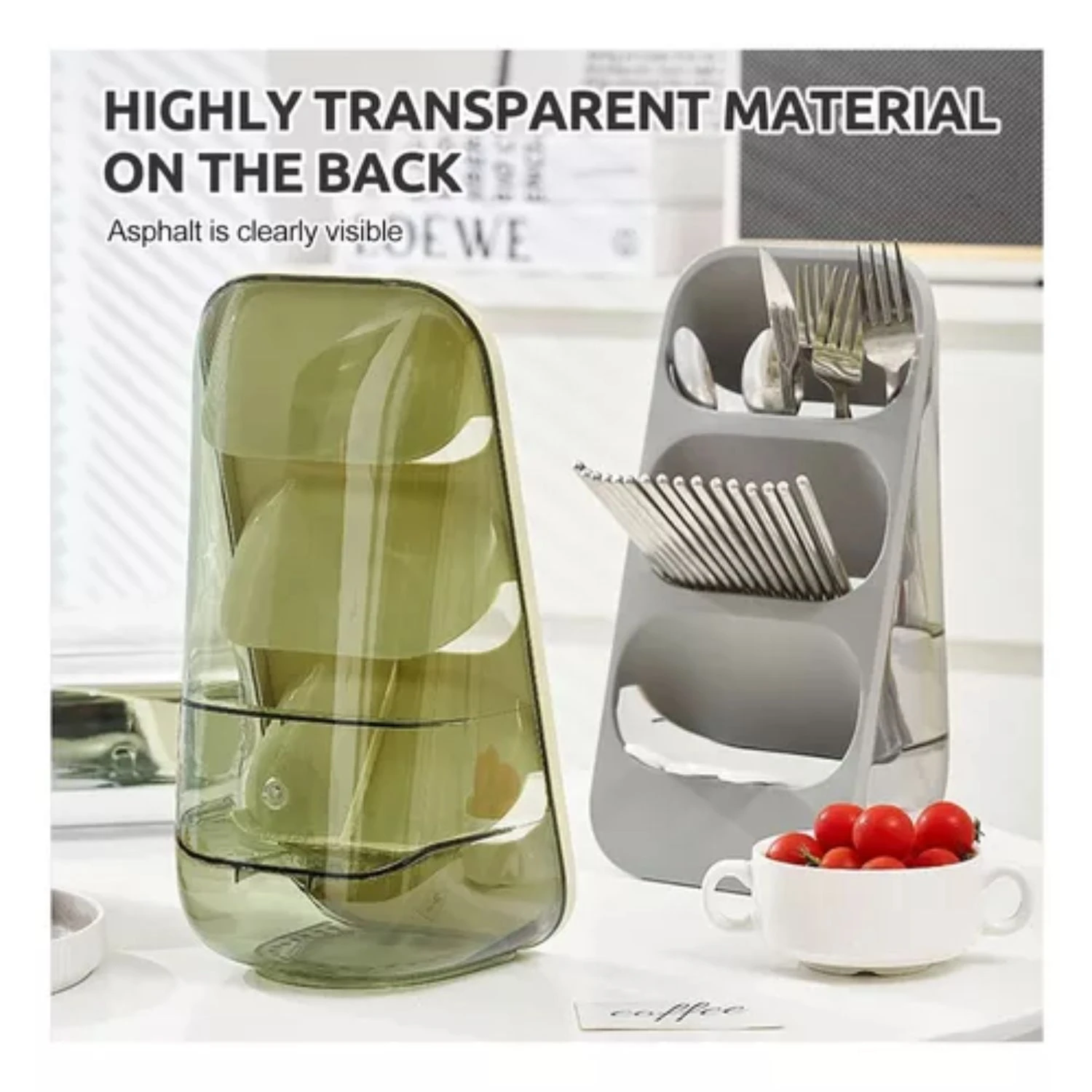 Organizador de cubiertos de dos piezas en tonos verde y gris, con diseño inclinado, compartimentos internos y parte posterior transparente para fácil visión.