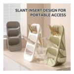 Organizadores de cubiertos con diseño inclinado para acceso rápido, disponibles en tonos gris, blanco y verde, con compartimentos abiertos para organizar.