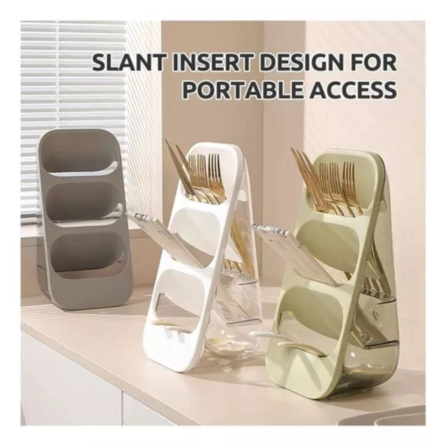 Organizadores de cubiertos con diseño inclinado para acceso rápido, disponibles en tonos gris, blanco y verde, con compartimentos abiertos para organizar.