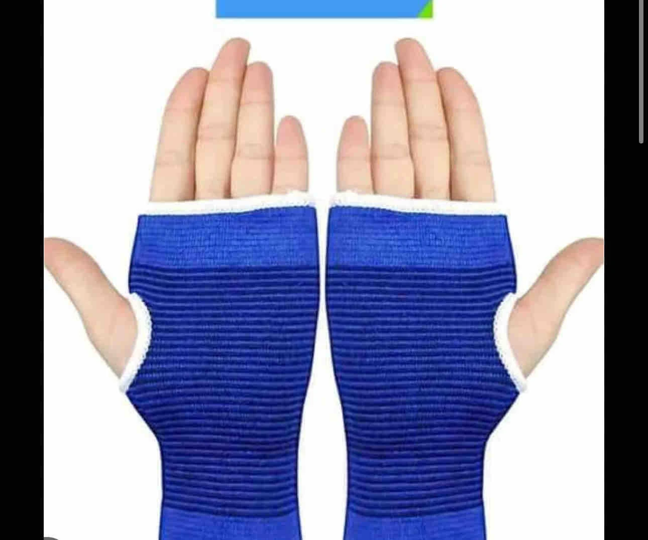 Muñequeras elásticas azules para soporte de muñeca y artritis, diseño sin dedos con borde blanco.