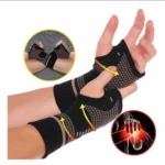 Muñequeras compresivas negras con patrón de puntos para soporte de muñeca y alivio de artritis, con orificio para el pulgar.