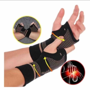 Muñequeras compresivas negras con patrón de puntos para soporte de muñeca y alivio de artritis, con orificio para el pulgar.