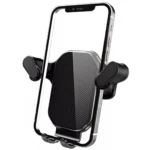 Soporte para celular negro con textura de fibra de carbono para rejilla de ventilación de auto.