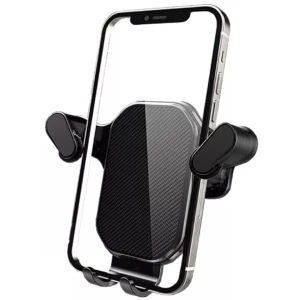 Soporte para celular negro con textura de fibra de carbono para rejilla de ventilación de auto.