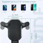 Soporte para celular de rejilla negro con medidas, compatible con pantallas de 5 a 7.2 pulgadas.