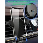 Soporte celular negro para rejilla de auto, con gancho y botón trasero para ajustar largo.