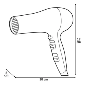Dibujo técnico de secador de pelo portátil con dimensiones: 19 cm de alto, 18 cm de largo y 8 cm de ancho.