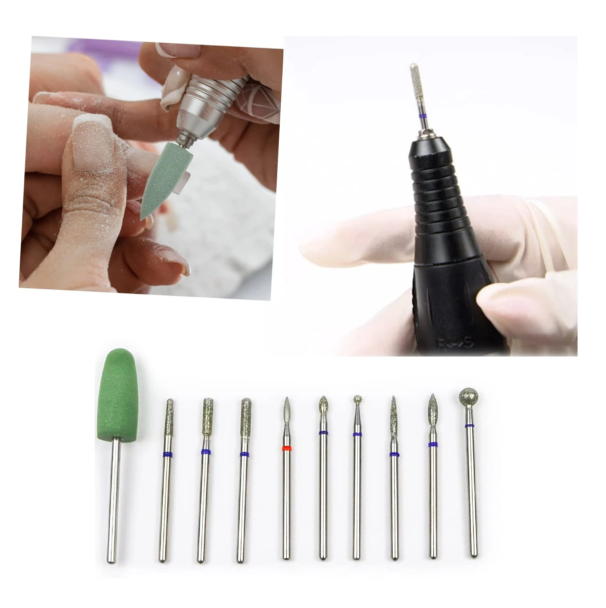 Kit de 10 brocas para torno de uñas con puntas de diamante y una de silicona verde, incluye muestras de uso profesional para manicura detallada.