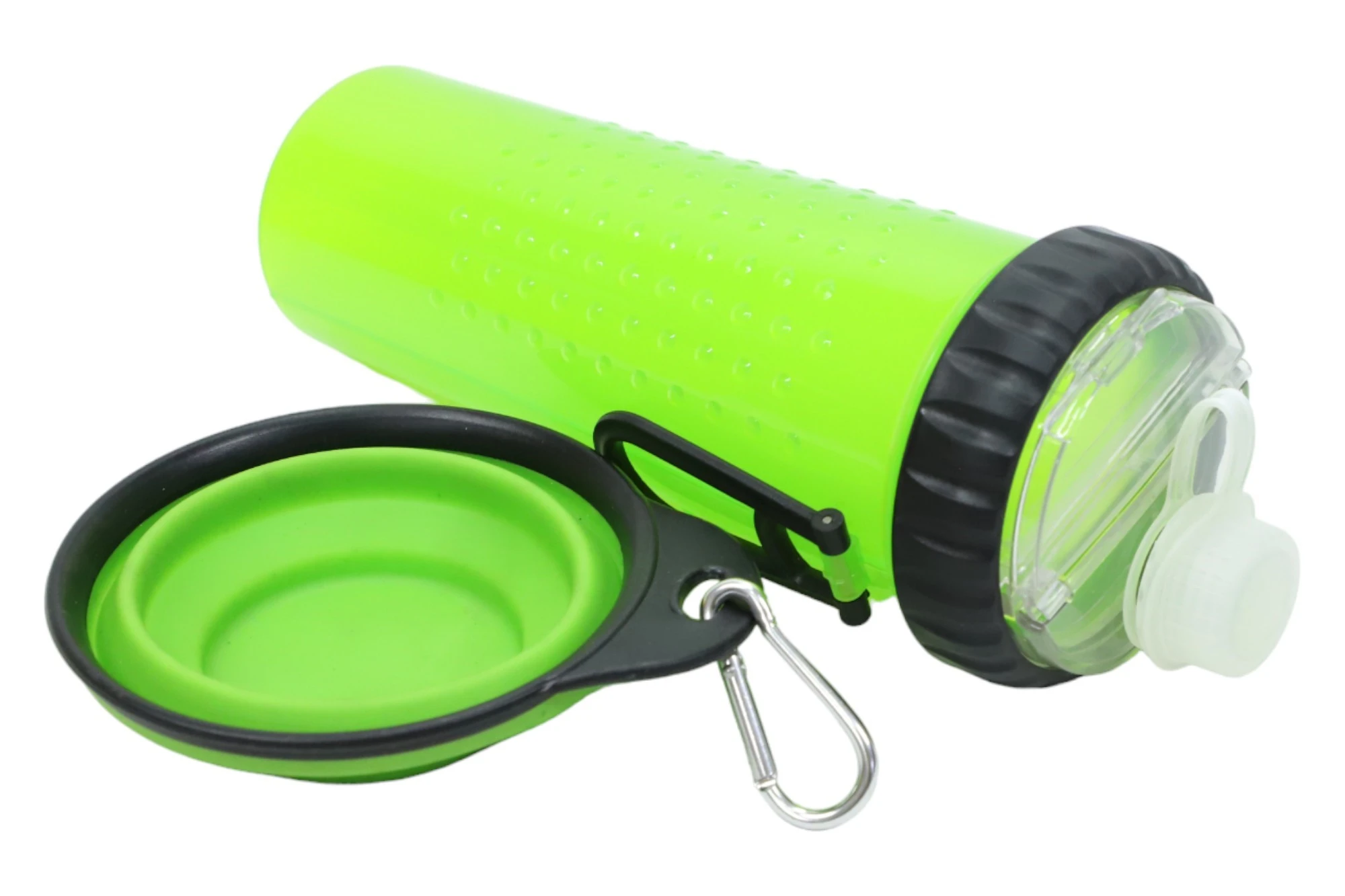 Termo verde neón para mascotas con puntos texturizados y bebedero plegable de silicona con mosquetón.