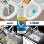 Botella de "Bubble Bombs" para limpiar inodoro y desagüe de lavabo, antes y después.