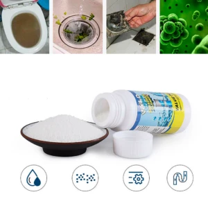 Polvo blanco destapador de cañerías en frasco abierto junto a polvo en cuenco y cuatro íconos, ideal para desatascar desagües.