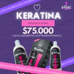 Promoción de kit de Keratina Alisadora Effes de 120ml que incluye crema alisadora, mascarilla repolarizadora y shampoo pre-keratina en fondo morado.