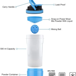 Shaker de proteína 500 ml despiezado: tapa leak proof, mezclador, bola, cuerpo y contenedor inferior azul. BPA Free.