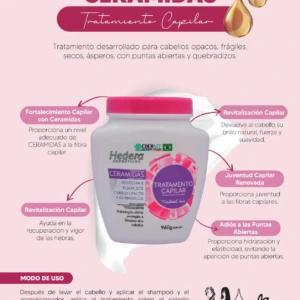 Tratamiento capilar Hedera Cosméticos con ceramidas, envase blanco con detalles rosas y morados, 960g.