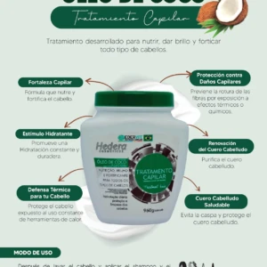 Tarro blanco de tratamiento capilar con óleo de coco, para nutrición y brillo.