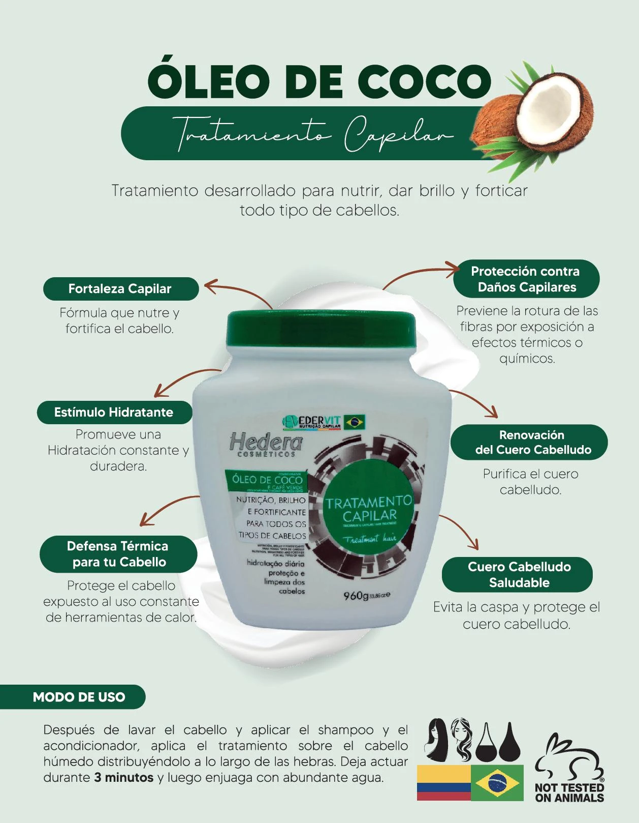 Tarro blanco de tratamiento capilar con óleo de coco, para nutrición y brillo.