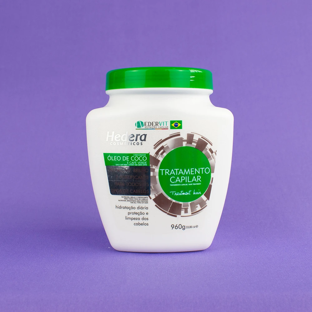 Crema capilar Hedera con óleo de coco y café verde, 960g, para nutrición y tratamiento.
