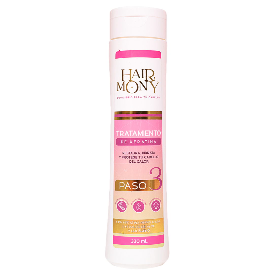 Tratamiento de keratina Harmony en envase blanco y rosa, 330 ml.