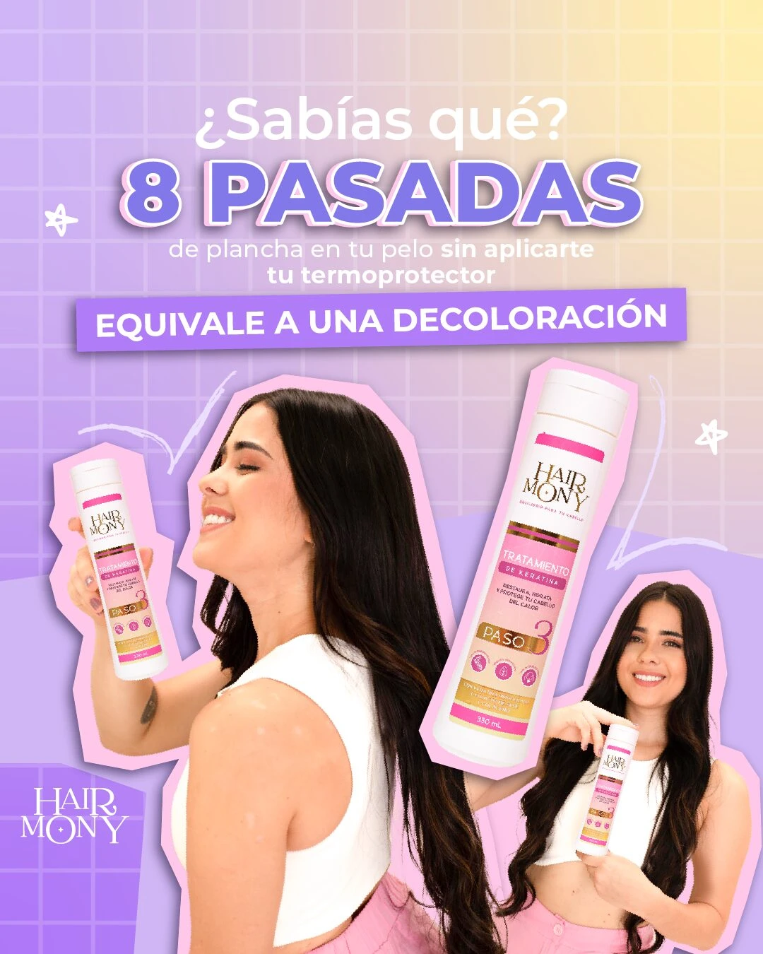 Mujeres sonriendo sostienen botellas de Tratamiento de Keratina Hair Mony 330ml.