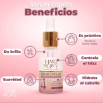 Serum capilar Hair Mon y 30 ml. Muestra beneficios: brillo, suavidad, es práctico, controla frizz e hidrata.