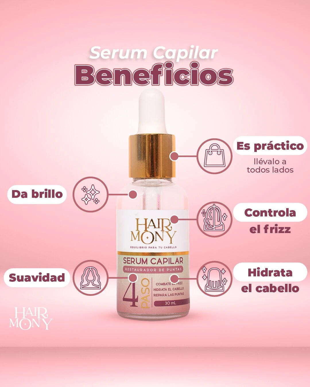 Serum capilar Hair Mon y 30 ml. Muestra beneficios: brillo, suavidad, es práctico, controla frizz e hidrata.