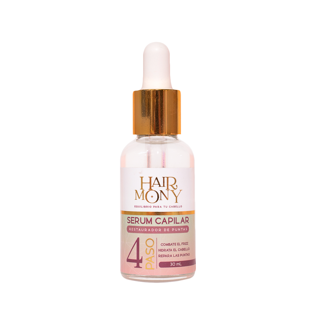 Serum capilar Harmony restaurador de puntas con aplicador gotero, 30 ml, para cabello.