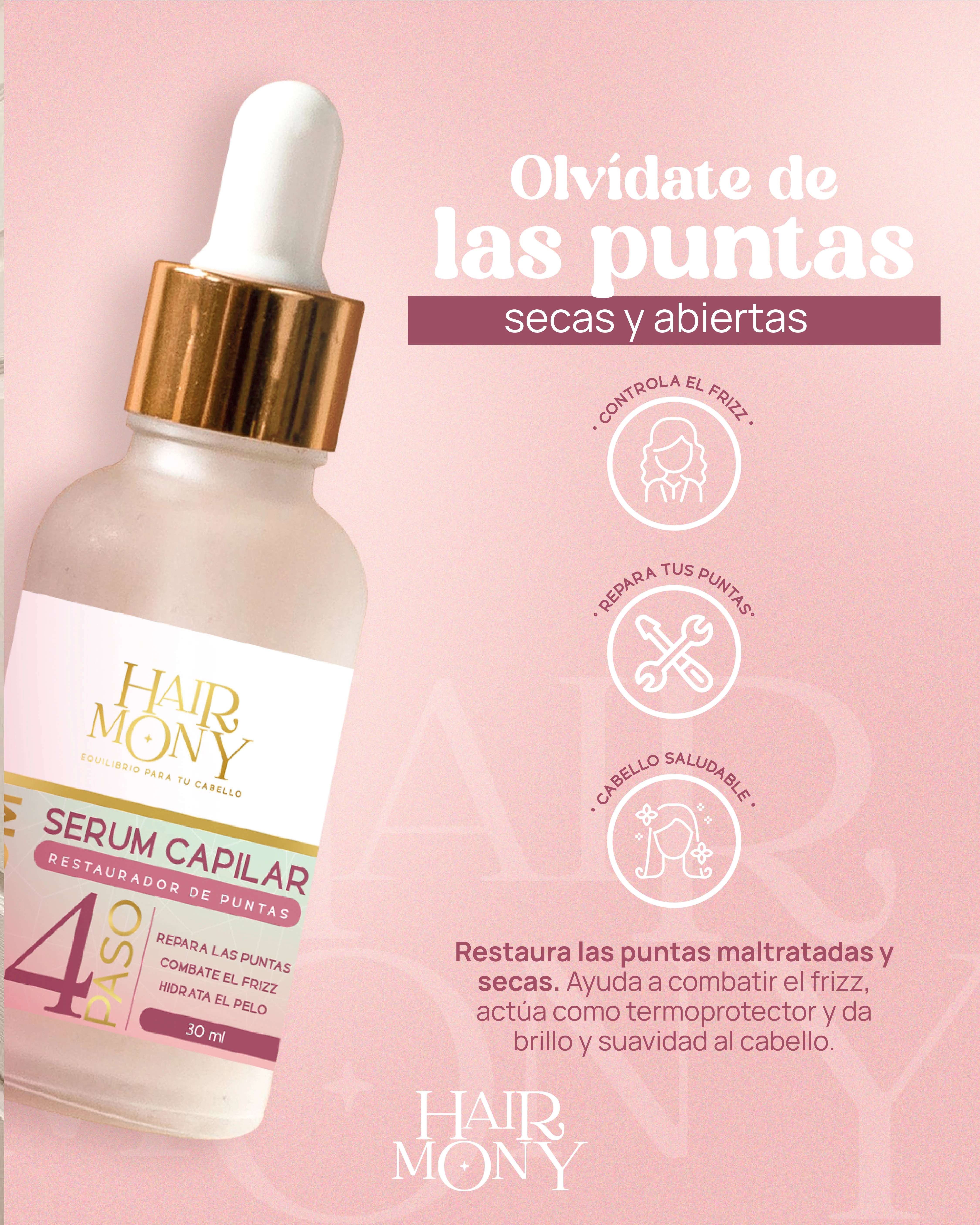 Serum capilar restaurador de puntas para cabello seco con frizz.