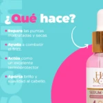 Serum capilar termoprotector en frasco rosa. Repara puntas, combate frizz, aporta brillo y suavidad. Uso en 4 pasos.