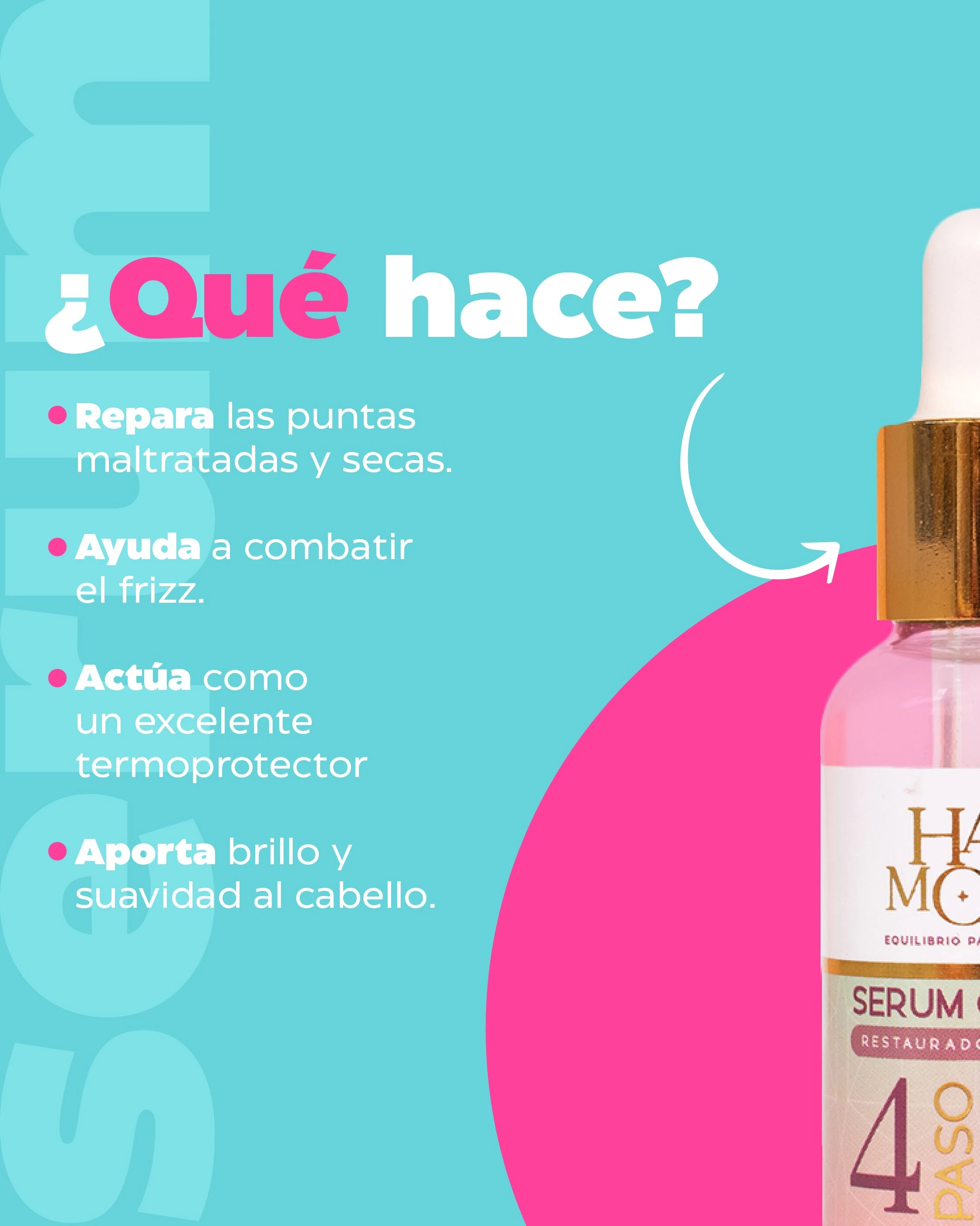 Serum capilar termoprotector en frasco rosa. Repara puntas, combate frizz, aporta brillo y suavidad. Uso en 4 pasos.