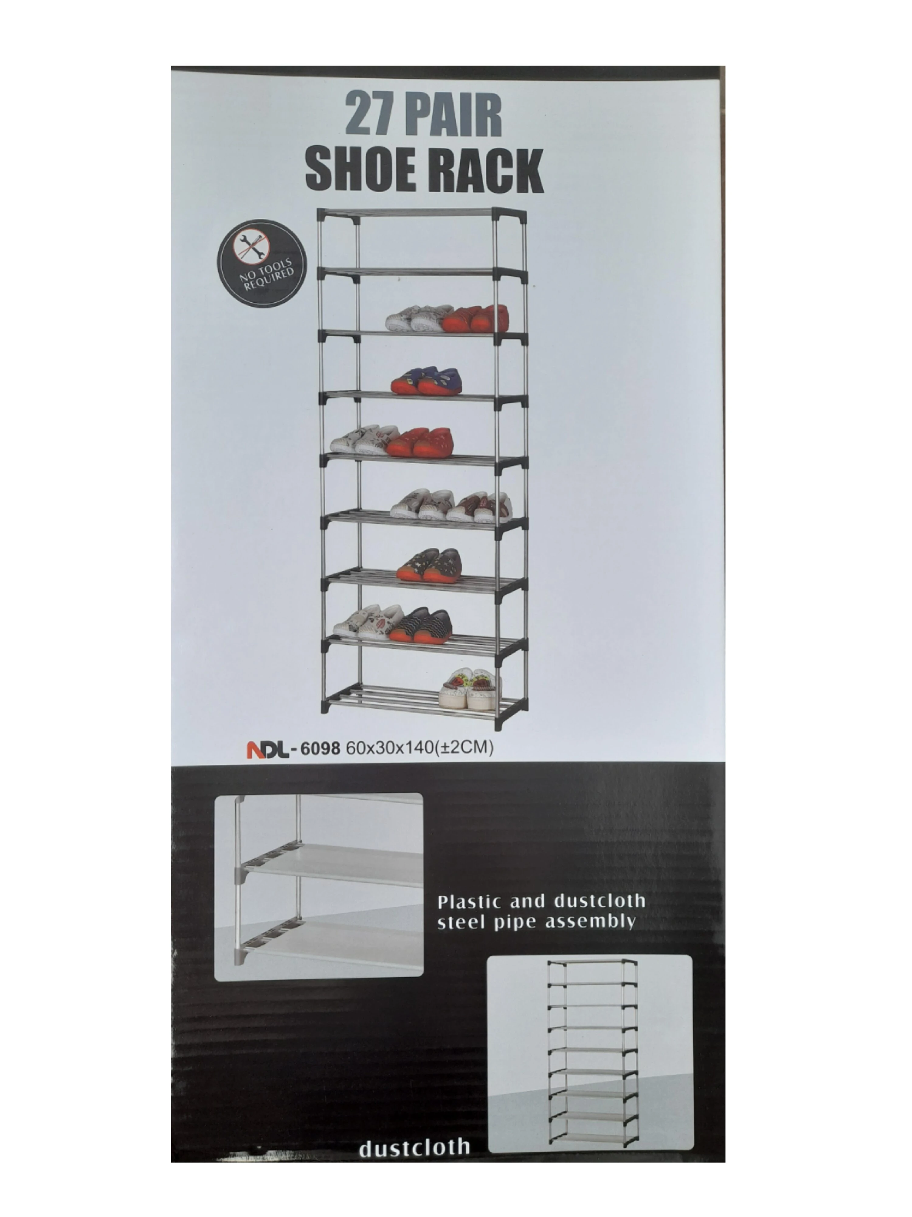 Zapatero de 9 niveles, 27 pares, con estructura de metal y plástico, ideal para organizar zapatos en casa.
