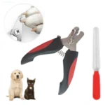 Set cortaúñas para mascotas con mango ergonómico rojo y negro, lima y acercamiento al corte de garra.