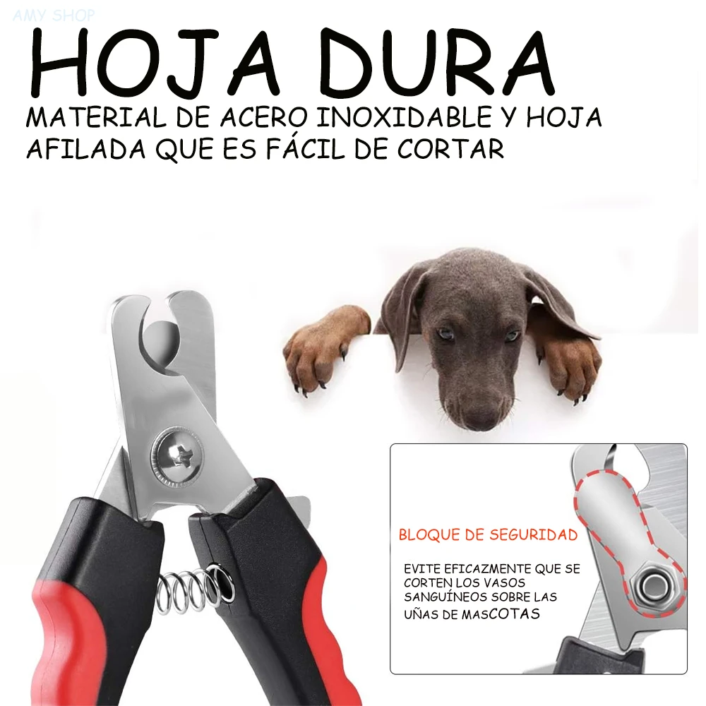 Cortauñas profesional para mascotas, hoja dura acero inoxidable, con seguro de seguridad, junto a un cachorro.