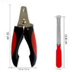 Kit para mascotas: cortaúñas de 12 cm con mango rojo/negro y lima de 13.8 cm. Muestra dimensiones.
