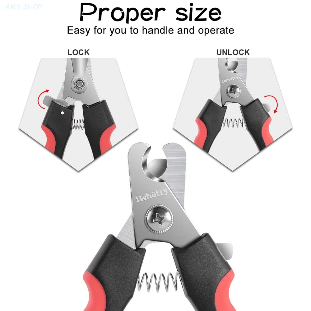Cortaúñas para mascotas marca Swhatty, modo de bloqueo y desbloqueo para el mango rojo y negro con resorte.