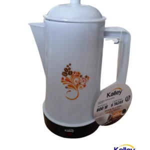 Cafetera percoladora Kalley blanca de 6 tazas, 600W, con diseño de granos de café y jarra esmaltada.